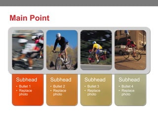 Main Point

Subhead

Subhead

Subhead

Subhead

• Bullet 1
• Replace
photo

• Bullet 2
• Replace
photo

• Bullet 3
• Replace
photo

• Bullet 4
• Replace
photo

 