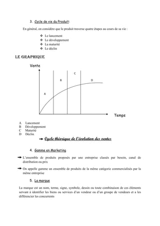 3. Cycle de vie du Produit:
En général, on considère que le produit traverse quatre étapes au cours de sa vie :
 Le lancement
 Le développement
 La maturité
 Le déclin
Le Graphique
Vente
C
B D
A
Temps
A Lancement
B Développement
C Maturité
D Déclin
Cycle théorique de l’évolution des ventes
4. Gamme en Marketing
L’ensemble de produits proposés par une entreprise classés par besoin, canal de
distribution ou prix
On appelle gamme un ensemble de produits de la même catégorie commercialisés par la
même entreprise
5. La marque
La marque est un nom, terme, signe, symbole, dessin ou toute combinaison de ces éléments
servant à identifier les biens ou services d’un vendeur ou d’un groupe de vendeurs et a les
différencier les concurrents
 