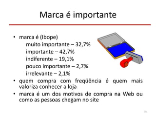 Marca é importante
• marca é (Ibope)
muito importante – 32,7%
importante – 42,7%
indiferente – 19,1%
pouco importante – 2,7%
irrelevante – 2,1%
• quem compra com freqüência é quem mais
valoriza conhecer a loja
• marca é um dos motivos de compra na Web ou
como as pessoas chegam no site
78
 
