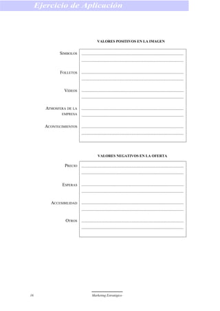 VALORES POSITIVOS EN LA IMAGEN
VALORES NEGATIVOS EN LA OFERTA
Ejercicio de Aplicación
16 Marketing Estratégico
SIMBOLOS
FOLLETOS
VIDEOS
ATMOSFERA DE LA
EMPRESA
ACONTECIMIENTOS
PRECIO
ESPERAS
ACCESIBILIDAD
OTROS
 