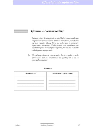 Ejercicio 1.1 (continuación)
En la sección 2 de este ejercicio usted habrá comprobado que
un producto-servicio es un abanico de valores, beneficios
para el cliente. Ahora bien, no todos son igualmente
importantes para éste. El objetivo de esta sección es que
usted identifique en su empresa aquellos por los que el cliente
está dispuesto a pagar más.
3. Identifique, formule y jerarquice los tres valores más
apreciados por sus clientes en su oferta y en la de su
principal competidor
VALORES
Ejercicio de aplicación
Unidad 1 Marketing Estratégico 17
MI EMPRESA PRINCIPAL COMPETIDOR
 