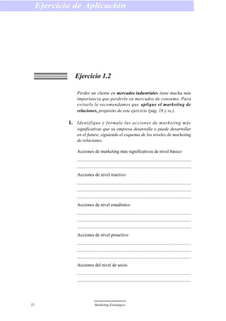 Ejercicio 1.2
Perder un cliente en mercados industriales tiene mucha más
importancia que perderlo en mercados de consumo. Para
evitarlo le recomendamos que aplique el marketing de
relaciones, propósito de este ejercicio (pág. 18 y ss.).
1. Identifique y formule las acciones de marketing más
significativas que su empresa desarrolla o puede desarrollar
en el futuro, siguiendo el esquema de los niveles de marketing
de relaciones.
Acciones de marketing más significativas de nivel básico
Acciones de nivel reactivo
Acciones de nivel estadístico
Acciones de nivel proactivo
Acciones del nivel de socio
Ejercicio de Aplicación
22 Marketing Estratégico
 