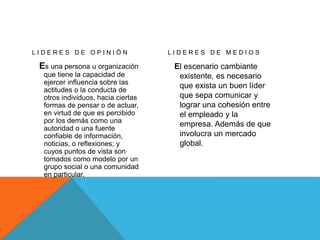 L I D E R E S D E O P I N I Ó N
Es una persona u organización
que tiene la capacidad de
ejercer influencia sobre las
actitudes o la conducta de
otros individuos, hacia ciertas
formas de pensar o de actuar,
en virtud de que es percibido
por los demás como una
autoridad o una fuente
confiable de información,
noticias, o reflexiones; y
cuyos puntos de vista son
tomados como modelo por un
grupo social o una comunidad
en particular.
L I D E R E S D E M E D I O S
El escenario cambiante
existente, es necesario
que exista un buen líder
que sepa comunicar y
lograr una cohesión entre
el empleado y la
empresa. Además de que
involucra un mercado
global.
 