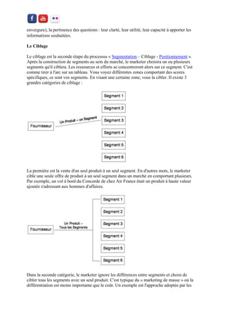 envergure), la pertinence des questions : leur clarté, leur utilité, leur capacité à apporter les informations souhaitées. 
Le Ciblage 
Le ciblage est la seconde étape du processus « Segmentation – Ciblage - Positionnement ». Après la construction de segments au sein du marché, le marketer choisira un ou plusieurs segments qu'il ciblera. Les ressources et efforts se concentreront alors sur ce segment. C'est comme tirer à l'arc sur un tableau. Vous voyez différentes zones comportant des scores spécifiques, ce sont vos segments. En visant une certaine zone, vous la cibler. Il existe 3 grandes catégories de ciblage : 
La première est la vente d'un seul produit à un seul segment. En d'autres mots, le marketer cible une seule offre de produit à un seul segment dans un marché en comportant plusieurs. Par exemple, un vol à bord du Concorde de chez Air France était un produit à haute valeur ajoutée s'adressant aux hommes d'affaires. 
Dans la seconde catégorie, le marketer ignore les différences entre segments et choisi de cibler tous les segments avec un seul produit. C'est typique du « marketing de masse » où la différentiation est moins importante que le coût. Un exemple est l'approche adoptée par les  