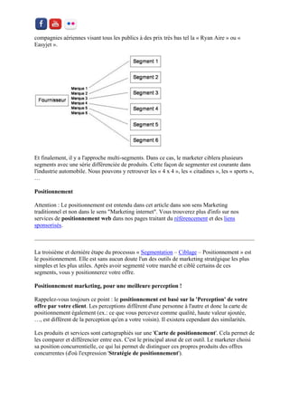 compagnies aériennes visant tous les publics à des prix très bas tel la « Ryan Aire » ou « Easyjet ». 
Et finalement, il y a l'approche multi-segments. Dans ce cas, le marketer ciblera plusieurs segments avec une série différenciée de produits. Cette façon de segmenter est courante dans l'industrie automobile. Nous pouvons y retrouver les « 4 x 4 », les « citadines », les « sports », … 
Positionnement 
Attention : Le positionnement est entendu dans cet article dans son sens Marketing traditionnel et non dans le sens "Marketing internet". Vous trouverez plus d'info sur nos services de positionnement web dans nos pages traitant du référencement et des liens sponsorisés. 
La troisième et dernière étape du processus « Segmentation – Ciblage – Positionnement » est le positionnement. Elle est sans aucun doute l'un des outils de marketing stratégique les plus simples et les plus utiles. Après avoir segmenté votre marché et ciblé certains de ces segments, vous y positionnerez votre offre. 
Positionnement marketing, pour une meilleure perception ! 
Rappelez-vous toujours ce point : le positionnement est basé sur la 'Perception' de votre offre par votre client. Les perceptions diffèrent d'une personne à l'autre et donc la carte de positionnement également (ex.: ce que vous percevez comme qualité, haute valeur ajoutée, …, est différent de la perception qu'en a votre voisin). Il existera cependant des similarités. 
Les produits et services sont cartographiés sur une 'Carte de positionnement'. Cela permet de les comparer et différencier entre eux. C'est le principal atout de cet outil. Le marketer choisi sa position concurrentielle, ce qui lui permet de distinguer ces propres produits des offres concurrentes (d'où l'expression 'Stratégie de positionnement').  