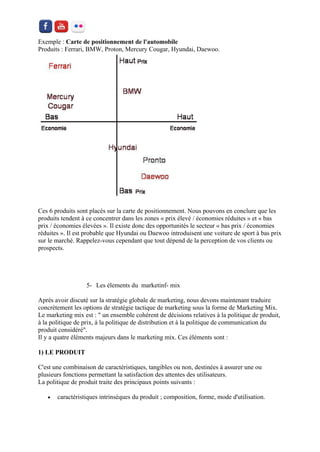 Exemple : Carte de positionnement de l'automobile Produits : Ferrari, BMW, Proton, Mercury Cougar, Hyundai, Daewoo. 
Ces 6 produits sont placés sur la carte de positionnement. Nous pouvons en conclure que les produits tendent à ce concentrer dans les zones « prix élevé / économies réduites » et « bas prix / économies élevées ». Il existe donc des opportunités le secteur « bas prix / économies réduites ». Il est probable que Hyundai ou Daewoo introduisent une voiture de sport à bas prix sur le marché. Rappelez-vous cependant que tout dépend de la perception de vos clients ou prospects. 
5- Les élements du marketinf- mix 
Après avoir discuté sur la stratégie globale de marketing, nous devons maintenant traduire concrètement les options de stratégie tactique de marketing sous la forme de Marketing Mix. Le marketing mix est : " un ensemble cohérent de décisions relatives à la politique de produit, à la politique de prix, à la politique de distribution et à la politique de communication du produit considéré". Il y a quatre éléments majeurs dans le marketing mix. Ces éléments sont : 
1) LE PRODUIT 
C'est une combinaison de caractéristiques, tangibles ou non, destinées à assurer une ou plusieurs fonctions permettant la satisfaction des attentes des utilisateurs. La politique de produit traite des principaux points suivants : 
 caractéristiques intrinsèques du produit ; composition, forme, mode d'utilisation.  