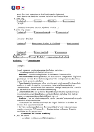 Vente directe du producteur au détaillant (produits régionaux) 
Vente directe aux détaillants réalisant un chiffre d’affaires suffisant. 
3. Canal long : 
Producteur GrossisteDétaillantconsommateur 
Exemple : 
Commerce traditionnel (textiles, papeterie, cadeaux…). 
4. Canal long associé : 
ProducteurChaînes volontairesConsommateur 
Grossiste + détaillant 
ProducteurGroupements d’achats de détaillants Consommateur 
ProducteurRéseau franchiséConsommateur 
5. Canal intégré : 
Producteur Centrale d’achats + réseau grandes distributions 
marketing consommateur 
Exemple : 
Grands magasins, grandes chaînes de distribution marketing… Transport : ensemble des opérations de transport et de manutention. Fractionnement : chez le producteur, les marchandises sont produites en grandes quantités ; il convient de les fractionner pour qu’elles correspondent aux besoins de chaque client, grossiste, détaillant. Assortiment : réunir dans un même point de vente plusieurs modèles de produits nombreux et variés de manière à présenter un choix satisfaisant et adapté aux consommateurs. La constitution d’un assortiment implique un savoir-faire, c’est elle qui différencie les formes de distribution marketing. Conditionnement : des opérations de conditionnement entre la production et la consommation peuvent être effectués par la distribution marketing (thé, fruits et légumes, regroupement de produits différents etc.….). Stockage : c’est une mission essentielle car elle ^permet d’ajuster dans le temps la production et la consommation. produits et en les commercialisant. Services : certains produits sont directement liés à la vente (présentation des produits, promotion, PLV, conseil…) ; d’autres vont suivre la vente (livraison, installation, service après-vente). 
Les canaux de distribution marketing : 
a. Choix des canaux : 
 Avantages comparés des différents canaux :  
