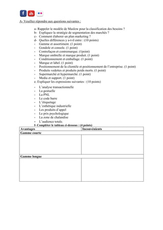 A- Veuillez répondre aux questions suivantes : 
a- Rappeler le modèle de Maslow pour la classification des besoins ? 
b- Expliquez la stratégie de segmentation des marchés ? 
c- Comment élaborer un plan marketing ? 
d- Quelles différences y a-t-il entre : (10 points) 
- Gamme et assortiment. (1 point) 
- Gondole et console. (1 point) 
- Contrefaçon et contremarque. (1point) 
- Marque ombrelle et marque produit. (1 point) 
- Conditionnement et emballage. (1 point) 
- Marque et label. (1 point) 
- Positionnement de la clientèle et positionnement de l’entreprise. (1 point) 
- Produits vedettes et produits poids morts. (1 point) 
- Supermarché et hypermarché. (1 point) 
- Media et support. (1 point) 
e. Expliquer les expressions suivantes : (10 points) 
- L’analyse transactionnelle 
- La gestuelle 
- La PNL 
- Le code barre 
- L’étiquetage 
- L’esthétique industrielle 
- Les produits d’appel 
- Le prix psychologique 
- La zone de chalandise 
- L’audience totale. 
f- Compléter le tableau ci-dessous : (4 points) 
Avantages 
Inconvénients 
Gamme courte 
Gamme longue 
 