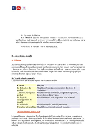 La Pyramide de Maslow 
Les attitudes peuvent être définies comme « l’évaluation par l’individu de ce qui l’entoure mais aussi de sa propre personnalité ». Elles exercent une influence sur le choix du comportement destiné à satisfaire une motivation. 
Motivations et attitudes sont en étroite relation. 
II- La notion de marché 
A- Définition 
Au sens économique le marché est le lieu de rencontre de l’offre et de la demande ; au sens commercial large, le marché comprend tout l’environnement d’un produit ou d’une entreprise : fournisseurs, clients, banques, Etat, réglementations, technologie ; au sens commercial étroit, le marché est l’ensemble des consommateurs d’un produit sur un territoire géographique délimité et sur un laps de temps précis. 
B-Classificationdesmarchés La classification des marchés repose sur différents critères : Critères Marchés La destination du produit Marché des biens de consommation, des biens de production… .La nature physique du produit Marché des biens industriels, des produits agricoles, des prestations de services... Le degré de développement du marché Marché nouveau, marché porteur, marché saturé... La périodicité Marché saisonnier, marché permanent L’ampleur géographique Marché local, régional, national, mondial… 
-Marché amont et marché aval 
Le marché amont est constitué des fournisseurs de l’entreprise. Ceux-ci sont généralement gérés en fonction de critères précis afin de favoriser la concurrence et répartir les risques. Le marché aval englobe les prescripteurs, les clients et les distributeurs. Les clients peuvent être subdivisés en clients actuels, clients de la concurrence et non consommateurs (absolus ou relatifs).  