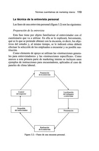 Técnicas cuantitativas de marketing interno 113
La técnica de la entrevista personal
Las fases de una entrevista personal (figura 3.2) son las siguientes:
Preparación de la entrevista
Esta fase tiene por objeto familiarizar al entrevistador con el
cuestionario que va a utilizar. En ella se le explicará, brevemente,
qué es lo que se pretende obtener con la eneuesta, es decir, los obje-
tivos del estudio y, al mismo tiempo, se le indicará cómo deberá
efectuar la selección de los empleados a encuestar y su posible sus-
titución.
Como elemento de apoyo se utilizan las «instrucciones genera-
les para entrevistadores» y las «instrucciones específicas». Como
anexos a esta primera parte de marketing interno se incluyen unos
ejemplos de instrucciones para encuestadores, aplicados al caso de
paneles de clima laboral.
Preparación
de la entrevista
Control Localización
del inspector del trabajador
a entrevistar
Despedida
del entrevistador Presentación
Realización
de la entrevista
Figura 3.2.—Fases de una encuesta personal.
 