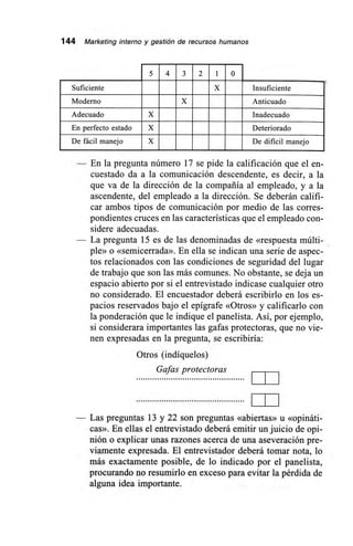 144 Marketing interno y gestión de recursos humanos
1
5 4 3 2 10 1
Suficiente X Insuficiente
Moderno X Anticuado
Adecuado X Inadecuado
En perfecto estado X Deteriorado
De fácil manejo X De dificil manejo
— En la pregunta número 17 se pide la calificación que el en-
cuestado da a la comunicación descendente, es decir, a la
que va de la dirección de la compañía al empleado, y a la
ascendente, del empleado a la dirección. Se deberán califi-
car ambos tipos de comunicación por medio de las corres-
pondientes cruces en las características que el empleado con-
sidere adecuadas.
— La pregunta 15 es de las denominadas de «respuesta múlti-
ple» o «semicerrada». En ella se indican una serie de aspec-
tos relacionados con las condiciones de seguridad del lugar
de trabajo que son las más comunes. No obstante, se deja un
espacio abierto por si el entrevistado indicase cualquier otro
no considerado. El encuestador deberá escribirlo en los es-
pacios reservados bajo el epígrafe «Otros» y calificarlo con
la ponderación que le indique el panelista. Así, por ejemplo,
si considerara importantes las gafas protectoras, que no vie-
nen expresadas en la pregunta, se escribiría:
Otros (indíquelos)
Gafas protectoras
Las preguntas 13 y 22 son preguntas «abiertas» u «opináti-
cas». En ellas el entrevistado deberá emitir un juicio de opi-
nión o explicar unas razones acerca de una aseveración pre-
viamente expresada. El entrevistador deberá tomar nota, lo
más exactamente posible, de lo indicado por el panelista,
procurando no resumirlo en exceso para evitar la pérdida de
alguna idea importante.
 