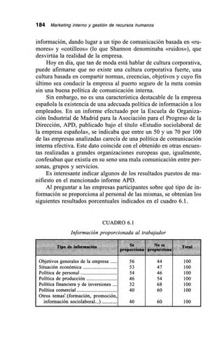 184 Marketing interno y gestión de recursos humanos
información, dando lugar a un tipo de comunicación basada en «ru-
mores» y «cotilleos» (lo que Shannon denominaba «ruidos»), que
desvirtúa la realidad de la empresa.
Hoy en día, que tan de moda está hablar de cultura corporativa,
puede afirmarse que no existe una cultura corporativa fuerte, una
cultura basada en compartir normas, creencias, objetivos y cuyo fin
último sea conducir la empresa al puerto seguro de la meta común
sin una buena política de comunicación interna.
Sin embargo, no es una característica destacable de la empresa
española la existencia de una adecuada política de información a los
empleados. En un informe efectuado por la Escuela de Organiza-
ción Industrial de Madrid para la Asociación para el Progreso de la
Dirección, APD, publicado bajo el título «Estudio sociolaboral de
la empresa española», se indicaba que entre un 50 y un 70 por 100
de las empresas analizadas carecía de una política de comunicación
interna efectiva. Este dato coincide con el obtenido en otras encues-
tas realizadas a grandes organizaciones europeas que, igualmente,
confesaban que existía en su seno una mala comunicación entre per-
sonas, grupos y servicios.
Es interesante indicar algunos de los resultados puestos de ma-
nifiesto en el mencionado informe APD.
Al preguntar a las empresas participantes sobre qué tipo de in-
formación se proporciona al personal de las mismas, se obtenían los
siguientes resultados porcentuales indicados en el cuadro 6.1.
CUADRO 6.1
Información proporcionada al trabajador
Tipo de información Se
proporciona
No se
proporciona
Total
Objetivos generales de la empresa 56 44 100
Situación económica 53 47 100
Política de personal 54 46 100
Política de producción 46 54 100
Política financiera y de inversiones 32 68 100
Política comercial 40 60 100
Otros temas' (formación, promoción,
información sociolaboral...) 40 60 100
 
