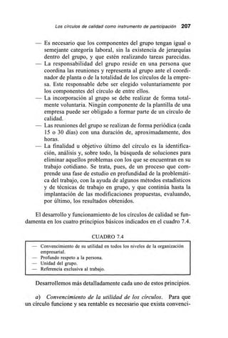 Los círculos de calidad como instrumento de participación 207
— Es necesario que los componentes del grupo tengan igual o
semejante categoría laboral, sin la existencia de jerarquías
dentro del grupo, y que estén realizando tareas parecidas.
— La responsabilidad del grupo reside en una persona que
coordina las reuniones y representa al grupo ante el coordi-
nador de planta o de la totalidad de los círculos de la empre-
sa. Este responsable debe ser elegido voluntariamente por
los componentes del círculo de entre ellos.
— La incorporación al grupo se debe realizar de forma total-
mente voluntaria. Ningún componente de la plantilla de una
empresa puede ser obligado a formar parte de un círculo de
calidad..
— Las reuniones del grupo se realizan de forma periódica (cada
15 o 30 días) con una duración de, aproximadamente, dos
horas.
La finalidad u objetivo último del círculo es la identifica-
ción, análisis y, sobre todo, la búsqueda de soluciones para
eliminar aquellos problemas con los que se encuentran en su
trabajo cotidiano. Se trata, pues, de un proceso que com-
prende una fase de estudio en profundidad de la problemáti-
ca del trabajo, con la ayuda de algunos métodos estadísticos
y de técnicas de trabajo en grupo, y que continúa hasta la
implantación de las modificaciones propuestas, evaluando,
por último, los resultados obtenidos.
El desarrollo y funcionamiento de los círculos de calidad se fun-
damenta en los cuatro principios básicos indicados en el cuadro 7.4.
CUADRO 7.4
— Convencimiento de su utilidad en todos los niveles de la organización
empresarial.
— Profundo respeto a la persona.
— Unidad del grupo.
— Referencia exclusiva al trabajo.
Desarrollemos más detalladamente cada uno de estos principios.
a) Convencimiento de la utilidad de los círculos. Para que
un círculo funcione y sea rentable es necesario que exista convenci-
 