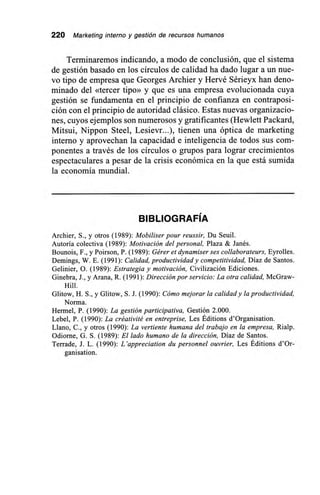 220 Marketing interno y gestión de recursos humanos
Terminaremos indicando, a modo de conclusión, que el sistema
de gestión basado en los círculos de calidad ha dado lugar a un nue-
vo tipo de empresa que Georges Archier y Hervé Sérieyx han deno-
minado del «tercer tipo» y que es una empresa evolucionada cuya
gestión se fundamenta en el principio de confianza en contraposi-
ción con el principio de autoridad clásico. Estas nuevas organizacio-
nes, cuyos ejemplos son numerosos y gratificantes (Hewlett Packard,
Mitsui, Nippon Steel, Lesievr...), tienen una óptica de marketing
interno y aprovechan la capacidad e inteligencia de todos sus com-
ponentes a través de los círculos o grupos para lograr crecimientos
espectaculares a pesar de la crisis económica en la que está sumida
la economía mundial.
BIBLIOGRAFÍA
Archier, S., y otros (1989): Mobiliser pour reussir, Du Seuil.
Autoría colectiva (1989): Motivación del personal, Plaza & Janés.
Bounois, F., y Poirson, P. (1989): Gérer et dynamiser ses collaborateurs, Eyrolles.
Demings, W. E. (1991): Calidad, productividad y competitividad, Díaz de Santos.
Gelinier, 0. (1989): Estrategia y motivación, Civilización Ediciones.
Ginebra, J., y Arana, R. (1991): Dirección por servicio: La otra calidad, McGraw-
Hill.
Glitow, H. S., y Glitow, S. J. (1990): Cómo mejorar la calidad y la productividad,
Norma.
Hermel, P. (1990): La gestión participativa, Gestión 2.000.
Lebel, P. (1990): La créativité en entreprise, Les Éditions d'Organisation.
Llano, C., y otros (1990): La vertiente humana del trabajo en la empresa, Rialp.
Odiome, G. S. (1989): El lado humano de la dirección, Díaz de Santos.
Terrade, J. L. (1990): L'appreciation du personnel ouvrier, Les Éditions d'Or-
ganisation.
 
