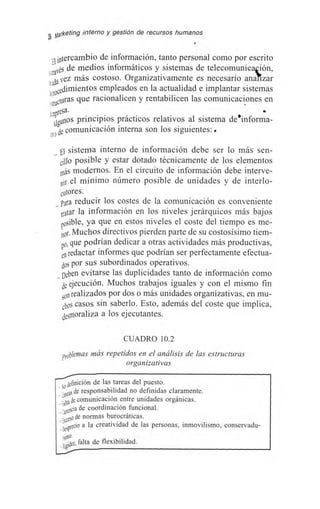 a marketing interno y gestión de recursos humanos
intercambio de información, tanto personal como por escrito
loravés de medios informáticos y sistemas de telecomunicaón,
52da vez más costoso. Organizativamente es necesario anaTizar
infocedimientos empleados en la actualidad e implantar sistemas
toas que racionalicen y rentabilicen las comunicaciones en
Upresa*
ggimos principios prácticos relativos al sistema deeinforma-
so de comunicación interna son los siguientes:
o sistema interno de información debe ser lo más sen-
cillo posible y estar dotado técnicamente de los elementos
más modernos. En el circuito de información debe interve-
nir el mínimo número posible de unidades y de interlo-
cutores.
_ para reducir los costes de la comunicación es conveniente
tratar la información en los niveles jerárquicos más bajos
posible, ya que en estos niveles el coste del tiempo es me-
nor. Muchos directivos pierden parte de su costosísimo tiem-
p0, que podrían dedicar a otras actividades más productivas,
en redactar informes que podrían ser perfectamente efectua-
dos por sus subordinados operativos.
_ Deben evitarse las duplicidades tanto de información como
de ejecución. Muchos trabajos iguales y con el mismo fin
900 realizados por dos o más unidades organizativas, en mu-
chos casos sin saberlo. Esto, además del coste que implica,
desmoraliza a los ejecutantes.
CUADRO 10.2
probletnas más repetidos en el análisis de las estructuras
organizativas
definición de las tareas del puesto.
Iles de responsabilidad no definidas claramente.
_Fp de comunicación entre unidades orgánicas.
_carencia de coordinación funcional.
„loso de normas burocráticas.
_ aprecio a la creatividad de las personas, inmovilismo, conservadu-
is,
_oda, falta de flexibilidad.
 