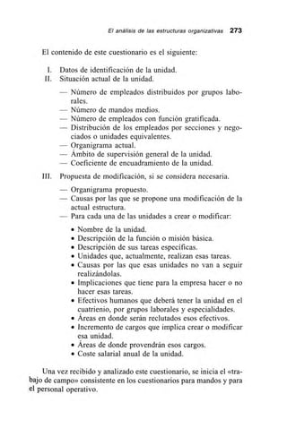 El análisis de las estructuras organizativas 273
El contenido de este cuestionario es el siguiente:
I. Datos de identificación de la unidad.
II. Situación actual de la unidad.
— Número de empleados distribuidos por grupos labo-
rales.
— Número de mandos medios.
— Número de empleados con función gratificada.
— Distribución de los empleados por secciones y nego-
ciados o unidades equivalentes.
— Organigrama actual.
— Ámbito de supervisión general de la unidad.
— Coeficiente de encuadramiento de la unidad.
III. Propuesta de modificación, si se considera necesaria.
— Organigrama propuesto.
— Causas por las que se propone una modificación de la
actual estructura.
— Para cada una de las unidades a crear o modificar:
• Nombre de la unidad.
• Descripción de la función o misión básica.
• Descripción de sus tareas específicas.
• Unidades que, actualmente, realizan esas tareas.
• Causas por las que esas unidades no van a seguir
realizándolas.
• Implicaciones que tiene para la empresa hacer o no
hacer esas tareas.
• Efectivos humanos que deberá tener la unidad en el
cuatrienio, por grupos laborales y especialidades.
• Áreas en donde serán reclutados esos efectivos.
• Incremento de cargos que implica crear o modificar
esa unidad.
• Áreas de donde provendrán esos cargos.
• Coste salarial anual de la unidad.
Una vez recibido y analizado este cuestionario, se inicia el «tra-
bajo de campo» consistente en los cuestionarios para mandos y para
el personal operativo.
 