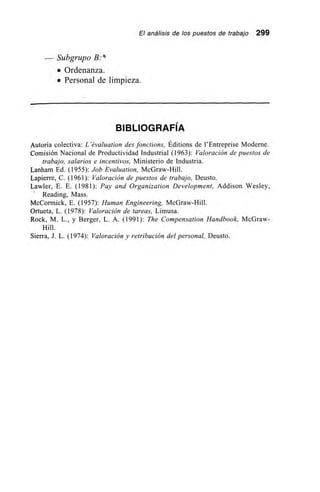 El análisis de los puestos de trabajo 299
— Subgrupo B:4
• Ordenanza.
• Personal de limpieza.
BIBLIOGRAFÍA
Autoría colectiva: L 'évaluation des fonctions, Éditions de l'Entreprise Moderne.
Comisión Nacional de Productividad Industrial (1963): Valoración de puestos de
trabajo, salarios e incentivos, Ministerio de Industria.
Lanham Ed. (1955): Job Evaluation, McGraw-Hill.
Lapierre, C. (1961): Valoración de puestos de trabajo, Deusto.
Lawler, E. E. (1981): Pay and Organization Development, Addison Wesley,
Reading, Mass.
McCormick, E. (1957): Human Engineering, McGraw-Hill.
Ortueta, L. (1978): Valoración de tareas, Limusa.
Rock, M. L., y Berger, L. A. (1991): The Compensation Handbook, McGraw-
Hill.
Sierra, J. L. (1974): Valoración y retribución del personal, Deusto.
 