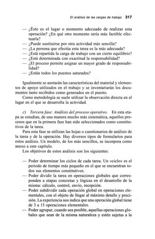 El análisis de las cargas de trabajo 317
— ¿Éste es el lugar o momento adecuado de realizar esta
operación? ¿En qué otro momento sería más factible efec-
tuarla?
— ¿Puede sustituirse por otra actividad más sencilla?
— ¿La persona que efectúa esta tarea es la más adecuada?
— ¿Está repartida la carga de trabajo con un cierto equilibrio?
— ¿Está determinada con exactitud la responsabilidad?
— ¿El proceso permite asignar un mayor grado de responsabi-
lidad?
— ¿Están todos los puestos saturados?
Igualmente se anotarán las características del material y elemen-
tos de apoyo utilizados en el trabajo y se inventariarán los docu-
mentos tanto recibidos como generados en el puesto.
Como metodología se suele utilizar la observación directa en el
lugar en el que se desarrolla la actividad.
e) Tercera fase: Análisis de/proceso operativo. En esta eta-
pa se estudian, de una manera mucho más sistemática, aquellos pro-
cesos que en la primera fase han sido seleccionados como constitu-
tivos de la tarea.
Para esta fase se utilizan las hojas o cuestionarios de análisis de
la tarea y de la operación. Hay diversos tipos de formularios para
estos análisis. Un modelo, de los más sencillos, se incorpora como
anexo a este capítulo.
Los objetivos de estos análisis son los siguientes:
— Poder determinar los ciclos de cada tarea. Un «ciclo» es el
período de tiempo más pequeño en el que se encuentran to-
dos sus elementos constitutivos.
— Poder dividir la tarea en operaciones globales que corres-
ponden a etapas concretas y lógicas en el desarrollo de la
misma: cálculo, control, envío, recepción.
— Poder subdividir cada operación global en operaciones ele-
mentales, con el objeto de llegar al máximo detalle y preci-
sión. La experiencia nos indica que una operación global tiene
de 3 a 15 operaciones elementales.
— Poder agrupar, cuando sea posible, aquellas operaciones glo-
bales que sean de la misma naturaleza y estén sujetas a la
 
