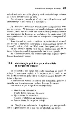 El análisis de las cargas de trabajo 319
unitarios de cada operación global y totalizando el tiempo estándar
de la tarea para la unidad de obra.
Este tiempo se controla por técnicas específicas basadas en el
cronometraje, la estadística o el autopunteo.
f) Sexta fase: Aplicación de coeficientes y asignación de tiem-
pos por puesto. Al tiempo que se ha calculado para cada tarea de
acuerdo con lo indicado en la fase anterior se le aplican los adecua-
dos coeficientes de descanso, los coeficientes de aleatoriedad y los
correspondientes a las condiciones de trabajo tales como penosidad
o riesgo.
También será necesario considerar los atribuibles al personal
que efectúa la operación: experiencia, si se encuentra en período de
formación o de reciclaje, habilidad, condiciones personales, etc.
En esta etapa se apunta en la hoja de análisis cada una de las
tareas del puesto con el tiempo estándar que le corresponda.
Se calculan los totales y se establece el tiempo asignado fijando
los coeficientes del puesto.
12.4. Metodología práctica para el análisis
de cargas de trabajo
En los estudios que tienen por objeto cuantificar las cargas de
trabajo de una unidad orgánica o de un puesto, es necesario seguir
una cierta sistemática que permita efectuar el análisis de forma ob-
jetiva y rigurosa.
A continuación vamos a describir una metodología práctica y
sencilla para la realización de medidas de carga de trabajo.
Los pasos o etapas a seguir son los siguientes:
— Planificación del estudio.
— Diseño de los elementos de apoyo.
— Ejecución de las entrevistas.
— Análisis y tabulación de cuestionarios.
— Estimación de las cargas de trabajo.
a) Planificación del estudio. Lo primero que hay que reali-
zar es la planificación de lo que va a ser el estudio de cargas.
 