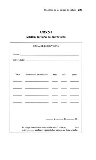 El análisis de las cargas de trabajo 327
ANEXO 1
Modelo de ficha de entrevistas
FICHA DE ENTREVISTAS
Unidad:
Entrevistador:
Clave Nombre del entrevistador Mes Día Hora
a de 20
Se ruega comuniquen con antelación al teléfono o al
señor cualquier necesidad de cambio de hora o fecha.
 