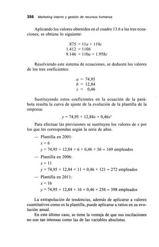 356 Marketing interno y gestión de recursos humanos
Aplicando los valores obtenidos en el cuadro 13.6 a las tres ecua-
ciones, se obtiene lo siguiente:
875 lla + 110c
1.412 = 110b
9.146 = 110a + 1.958c
Resolviendo este sistema de ecuaciones, se deducen los valores
de los tres coeficientes:
a = 74,95
b = 12,84
c = 0,46
Sustituyendo estos coeficientes en la ecuación de la pará-
bola resulta la curva de ajuste de la evolución de la plantilla de la
empresa:
y = 74,95 + 12,84x + 0,46x2
Para efectuar las previsiones se sustituyen los valores de x por
los que les correspondan según la serie de arios.
— Plantilla en 2001:
x = 6
y = 74,95 + 12,84 x 6 + 0,46 x 36 = 169 empleados
Plantilla en 2006:
x= 11
y = 74,95 + 12,84 x 11 + 0,46 x 121 = 272 empleados
Plantilla en 2011:
x = 16
y = 74,95 + 12,84 x 16 + 0,46 x 256 = 398 empleados
La extrapolación de tendencias, además de aplicarse a valores
cuantitativos como es la plantilla, puede aplicarse a ratios en su evo-
lución anual.
En este último caso, se tiene la ventaja de que sus oscilaciones
no son tan intensas como las de las variables absolutas.
 