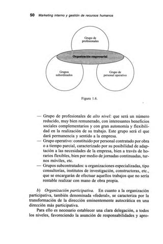 50 Marketing interno y gestión de recursos humanos
Grupo de
profesionales
Organización empresarial
• •.... .
Grupos 1 Grupo de
subordinados personal operativo
Figura 1.6.
— Grupo de profesionales de alto nivel: que será un número
reducido, muy bien remunerado, con interesantes beneficios
sociales complementarios y con gran autonomía y flexibili-
dad en la realización de su trabajo. Este grupo será el que
dará permanencia y sentido a la empresa.
— Grupo operativo: constituido por personal contratado por obra
o a tiempo parcial, caracterizado por su posibilidad de adap-
tación a las necesidades de la empresa, bien a través de ho-
rarios flexibles, bien por medio de jornadas continuadas, tur-
nos móviles, etc.
— Grupos subcontratados: u organizaciones especializadas, tipo
consultorías, institutos de investigación, constructoras, etc.,
que se encargarán de efectuar aquellos trabajos que no sería
rentable realizar con mano de obra propia.
b) Organización participativa. En cuanto a la organización
participativa, también denominada «federal», se caracteriza por la
transformación de la dirección eminentemente autocrática en una
dirección más participativa.
Para ello es necesario establecer una clara delegación, a todos
los niveles, favoreciendo la asunción de responsabilidades y apro-
 