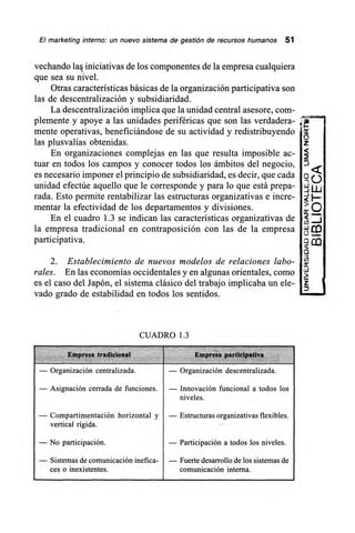 El marketing interno: un nuevo sistema de gestión de recursos humanos 51
vechando las iniciativas de los componentes de la empresa cualquiera
que sea su nivel.
Otras características básicas de la organización participativa son
las de descentralización y subsidiaridad.
La descentralización implica que la unidad central asesore, com-
plemente y apoye a las unidades periféricas que son las verdadera-
mente operativas, beneficiándose de su actividad y redistribuyendo
las plusvalías obtenidas.
En organizaciones complejas en las que resulta imposible ac-
tuar en todos los campos y conocer todos los ámbitos del negocio,
es necesario imponer el principio de subsidiaridad, es decir, que cada
unidad efectúe aquello que le corresponde y para lo que está prepa-
rada. Esto permite rentabilizar las estructuras organizativas e incre-
mentar la efectividad de los departamentos y divisiones.
En el cuadro 1.3 se indican las características organizativas de
la empresa tradicional en contraposición con las de la empresa
participativa.
2. Establecimiento de nuevos modelos de relaciones labo-
rales. En las economías occidentales y en algunas orientales, como
es el caso del Japón, el sistema clásico del trabajo implicaba un ele-
vado grado de estabilidad en todos los sentidos.
CUADRO 1.3
Empresa tradicional Empresa participativa
— Organización centralizada. — Organización descentralizada.
— Asignación cerrada de funciones. — Innovación funcional a todos los
niveles.
— Compartimentación horizontal y — Estructuras organizativas flexibles.
vertical rígida.
— No participación. — Participación a todos los niveles.
— Sistemas de comunicación inefica- — Fuerte desarrollo de los sistemas de
ces o inexistentes, comunicación interna.
 
