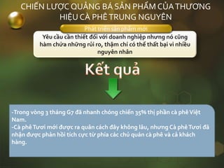 Yêu cầu cần thiết đối với doanh nghiệp nhưng nó cũng
hàm chứa những rủi ro, thậm chí có thể thất bại vì nhiều
nguyên nhân
Phát triển sản phẩm mới
CHIẾN LƯỢC QUẢNG BÁ SẢN PHẨM CỦATHƯƠNG
HIỆU CÀ PHÊTRUNG NGUYÊN
-Trong vòng 3 tháng G7 đã nhanh chóng chiến 35% thị phần cà phêViệt
Nam.
-Cà phêTươi mới được ra quân cách đây không lâu, nhưng Cà phêTươi đã
nhận được phản hồi tích cực từ phía các chủ quán cà phê và cả khách
hàng.
 