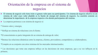 Orientación de la empresa en el sistema de
negocios
 El sistema de negocio solo tiene éxito si genera valor para sus participantes. Un sistema de negocio efectivo es un
sistema de valor cuyo valor añadido es la fuente de energía del sistema de negocio. La cuestión consiste en
determinar la importancia de la empresa respecto a los demás participantes del sistema.
 La empresa pertenece a un sistema de negocio si:
* Genera valor y sinergia;
* Refleja un sistema de relaciones con el cliente;
*El conocimiento es parte integrante de un sistema de entrega de valor;
*Destaca las relaciones dinámicas entre la empresa, clientes, proveedores, competidores y colaboradores;
*Compite en su conjunto con otros sistemas de los mercados internacionales;
* Las decisiones que tome una empresa influye en las decisiones de otras empresas, que a su vez influyen en la
primera;
 