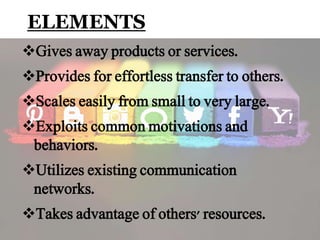 ELEMENTS
Gives away products or services.
Provides for effortless transfer to others.
Scales easily from small to very large.
Exploits common motivations and
behaviors.
Utilizes existing communication
networks.
Takes advantage of others' resources.
 