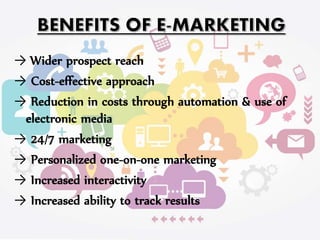 → Wider prospect reach
→ Cost-effective approach
→ Reduction in costs through automation & use of
electronic media
→ 24/7 marketing
→ Personalized one-on-one marketing
→ Increased interactivity
→ Increased ability to track results
 