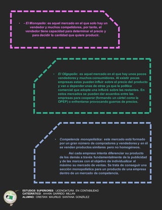 ESTUDIOS SUPERIORES: LICENCIATURA EN CONTABILIDAD
CATEDRÁTICO: AH-KIN GARRIDO MILLAN
ALUMNO: CRISTIAN MAURILIO SANTANA GONZÁLEZ
• - El Monopolio: es aquel mercado en el que solo hay un
vendedor y muchos competidores, por tanto, el
vendedor tiene capacidad para determinar el precio y
para decidir la cantidad que quiere producir.
• El Oligopolio: es aquel mercado en el que hay unos pocos
vendedores y muchos consumidores. Al existir pocas
empresas estas pueden influir sobre el precio del producto
y van a depender unas de otras ya que la política
comercial que adopte una influirá sobre las restantes. En
estos mercados se pueden dar acuerdos entre las
empresas para cooperar (formando un cártel como la
OPEP) o enfrentarse provocando guerras de precios.
• Competencia monopolística: este mercado está formado
por un gran número de compradores y vendedores y en él
se venden productos similares pero no homogéneos.
Así cada empresa intenta diferenciar su producto
de los demás a través fundamentalmente de la publicidad
y de las marcas con el objetivo de individualizar al
máximo su mercado de ventas. Se trata de conseguir una
sección monopolística para un producto de una empresa
dentro de un mercado de competencia.
 