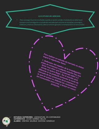 ESTUDIOS SUPERIORES: LICENCIATURA EN CONTABILIDAD
CATEDRÁTICO: AH-KIN GARRIDO MILLAN
ALUMNO: CRISTIAN MAURILIO SANTANA GONZÁLEZ
A) EL ESTUDIO DEL MERCADO:
• Para conseguirbuenosresultadoscuandose quiere venderunproductose debe hacer
siempre unainvestigaciónoestudiode mercadoque consiste enrecopilaroconseguir,
elaborary analizarinformaciónsobre el entornogeneral,lacompetenciayel consumidor.
 