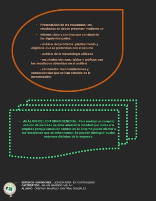 ESTUDIOS SUPERIORES: LICENCIATURA EN CONTABILIDAD
CATEDRÁTICO: AH-KIN GARRIDO MILLAN
ALUMNO: CRISTIAN MAURILIO SANTANA GONZÁLEZ
• Presentación de los resultados: los
resultados se deben presentar mediante un
• informe claro y conciso que constará de
las siguientes partes:
- análisis del problema: planteamiento y
objetivos que se pretendían con el estudio
- análisis de la metodología utilizada
- resultados técnicos: tablas y gráficos con
los resultados obtenidos en el análisis
- conclusión: recomendaciones y
consecuencias que se han extraído de la
investigación.
• ANÁLISIS DEL ENTORNO GENERAL: Para realizar un correcto
estudio de mercado se debe analizar la realidad que rodea a la
empresa porque cualquier cambio en su entorno puede afectar a
las decisiones que se deben tomar. Se pueden distinguir cuatro
entornos distintos de la empresa:
 