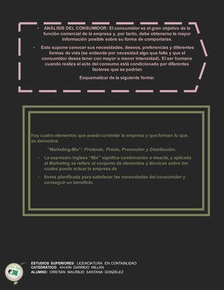 ESTUDIOS SUPERIORES: LICENCIATURA EN CONTABILIDAD
CATEDRÁTICO: AH-KIN GARRIDO MILLAN
ALUMNO: CRISTIAN MAURILIO SANTANA GONZÁLEZ
Hay cuatro elementos que puede controlar la empresa y que forman lo que
se denomina
“Marketing-Mix”: Producto, Precio, Promoción y Distribución.
• La expresión inglesa “Mix” significa combinación o mezcla, y aplicada
al Marketing se refiere al conjunto de elementos y técnicas sobre los
cuales puede actuar la empresa de
• forma planificada para satisfacer las necesidades del consumidor y
conseguir un beneficio.
• ANÁLISIS DEL CONSUMIDOR: El consumidor es el gran objetivo de la
función comercial de la empresa y, por tanto, debe obtenerse la mayor
información posible sobre su forma de comportarse.
• Esto supone conocer sus necesidades, deseos, preferencias y diferentes
formas de vida (se entiende por necesidad algo que falta y que el
consumidor desea tener con mayor o menor intensidad). El ser humano
cuando realiza el acto del consumo está condicionado por diferentes
factores que se podrían
Esquematizar de la siguiente forma:
 