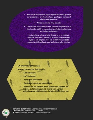 ESTUDIOS SUPERIORES: LICENCIATURA EN CONTABILIDAD
CATEDRÁTICO: AH-KIN GARRIDO MILLAN
ALUMNO: CRISTIAN MAURILIO SANTANA GONZÁLEZ
• Proceso: El proceso que sigue un producto desde que sale
de la cadena de producción hasta que llega a manos del
cliente es el siguiente:
• Almacenamiento del producto
• Distribución física, transporte o traslado del producto: el
cliente debe recibir el producto en perfectas condiciones y
en el plazo estipulado.
• Facturación y cobro: el acto de cobrar es el objetivo
principal de la venta ya que es la acción que genera los
ingresos a la empresa. Por eso el Marketing se debe
ocupar también del cobro de las facturas a los clientes.
LA DISTRIBUCIÓN (plaza)
Nuevos canales de distribución:
• La Franquicia
• La Teletienda:
• Venta por ordenador:
• Venta por máquinas automáticas
• Además en los últimos años también se utilizan los
cajeros automáticos como medio para vender
entradas para espectáculos, tarjetas telefónicas, etc.
 