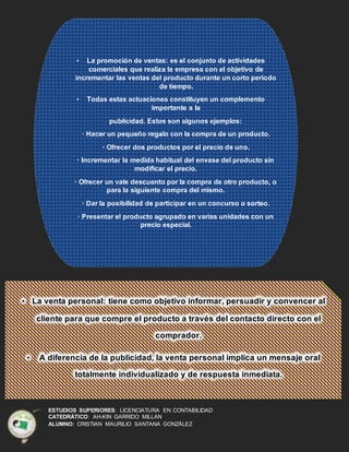 ESTUDIOS SUPERIORES: LICENCIATURA EN CONTABILIDAD
CATEDRÁTICO: AH-KIN GARRIDO MILLAN
ALUMNO: CRISTIAN MAURILIO SANTANA GONZÁLEZ
• La promoción de ventas: es el conjunto de actividades
comerciales que realiza la empresa con el objetivo de
incrementar las ventas del producto durante un corto periodo
de tiempo.
• Todas estas actuaciones constituyen un complemento
importante a la
publicidad. Estos son algunos ejemplos:
· Hacer un pequeño regalo con la compra de un producto.
· Ofrecer dos productos por el precio de uno.
· Incrementar la medida habitual del envase del producto sin
modificar el precio.
· Ofrecer un vale descuento por la compra de otro producto, o
para la siguiente compra del mismo.
· Dar la posibilidad de participar en un concurso o sorteo.
· Presentar el producto agrupado en varias unidades con un
precio especial.
• La venta personal: tiene como objetivo informar, persuadir y convencer al
cliente para que compre el producto a través del contacto directo con el
comprador.
• A diferencia de la publicidad, la venta personal implica un mensaje oral
totalmente individualizado y de respuesta inmediata.
 