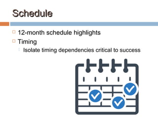 ScheduleSchedule
 12-month schedule highlights
 Timing
 Isolate timing dependencies critical to success
 