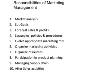 Responsibilities of Marketing
Management
1. Market analysis
2. Set Goals
3. Forecast sales & profits
4. Strategies, policies & procedures
5. Evolve appropriate marketing mix
6. Organize marketing activities
7. Organize resources
8. Participation in product planning
9. Managing Supply chain
10. After Sales activities
 