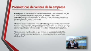 Nestlé prevé un crecimiento de sus ventas cercano al 5 por ciento este año, en
la parte baja de su objetivo a largo plazo, El modelo a largo plazo
de Nestlé persigue un crecimiento de entre el 5 y el 6 por ciento, pero estuvo
por debajo en 2014, con 4.5 por ciento.
Afirman que 2016 será similar, aunque Nestlé seguirá buscando un crecimiento
"cercano al 5 por ciento", interpretado por analistas como una fórmula que deja
abierta la puerta para volver a quedar por debajo del objetivo a largo plazo.
"Creo que, en el mundo volátil en que vivimos, es apropiado", dijo Bulcke.
"Nuestro objetivo como organización es crecer 5 por ciento se vera hasta
dónde se llega".
 