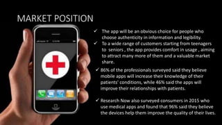 MARKET POSITION
 The app will be an obvious choice for people who
choose authenticity in information and legibility.
 To a wide range of customers starting from teenagers
to seniors , the app provides comfort in usage , aiming
to attract many more of them and a valuable market
share.
 86% of the professionals surveyed said they believe
mobile apps will increase their knowledge of their
patients' conditions, while 46% said the apps will
improve their relationships with patients.
 Research Now also surveyed consumers in 2015 who
use medical apps and found that 96% said they believe
the devices help them improve the quality of their lives.
 