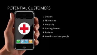 POTENTIAL CUSTOMERS
1. Doctors
2. Pharmacies
3. Hospitals
4. Nursing homes
5. Patients
6. Health conscious people
 