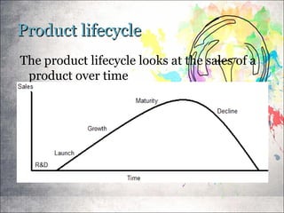 Product lifecycleProduct lifecycle
The product lifecycle looks at the sales of a
product over time
 