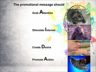 The promotional message should
Grab Attention
Stimulate Interest
Create Desire
Promote Action
 
