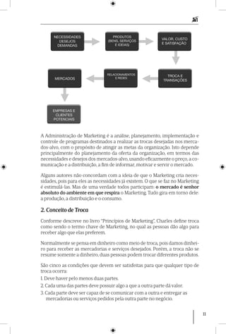 11
A Administração de Marketing é a análise, planejamento, implemen­tação e
controle de programas destinados a realizar as trocas desejadas nos merca-
dos-alvo, com o propósito de atingir as metas da organização. Isto depende
principalmente do planejamento da oferta da organização, em termos das
necessidades e desejos dos mercados-alvo, usando eficazmente o preço, a co-
municação e a distribuição, a fim de informar, motivar e servir o mercado.
Alguns autores não concordam com a ideia de que o Marketing cria neces-
sidades, pois para eles as necessidades já existem. O que se faz no Marketing
é estimulá-las. Mas de uma verdade todos participam: o mercado é senhor
absoluto do ambiente em que respira o Marketing. Tudo gira em torno dele:
a produção, a distribuição e o consumo.
2. Conceito de Troca
Conforme descreve no livro “Princípios de Marketing”, Charles define troca
como sendo o termo chave de Marketing, no qual as pessoas dão algo para
receber algo que elas preferem.
Normalmente se pensa em dinheiro como meio de troca, pois damos dinhei-
ro para receber as mercadorias e serviços desejados. Porém, a troca não se
resume somente a dinheiro, duas pessoas podem trocar diferentes produtos.
São cinco as condições que devem ser satisfeitas para que qualquer tipo de
troca ocorra:
1. Deve haver pelo menos duas partes.
2. Cada uma das partes deve possuir algo a que a outra parte dá valor.
3. Cada parte deve ser capaz de se comunicar com a outra e entregar as
mercadorias ou serviços pedidos pela outra parte no negócio.
 