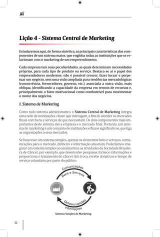 32
Estudaremos aqui, de forma sintética, as principais características dos com-
ponentes de um sistema maior, que engloba todas as instituições que se re-
lacionam com o marketing de um empreen­dimento.
Cada empresa tem suas peculiaridades, as quais determinam necessidades
próprias, para cada tipo de produto ou serviço. Destaca-se aí o papel dos
empreendedores modernos: não é possível crescer, fazer lucrar e perpe-
tuar um negócio, sem uma visão ampliada para tendências mercadológicas
(concorrência, fornecedores, governo, etc.), associada a outra visão, mais
oblíqua, identificando a capacidade da empresa em termos de recursos e,
principalmente, o fator motivacional como combustível para movimentar
o motor dos negócios.
1. Sistema de Marketing
Como todo sistema administrativo, o Sistema Central de Marketing integra
uma rede de instituições-chave que interagem, a fim de atender os mercados
finais com bens e serviços de que necessitam. Os dois componentes mais im-
portantes deste sistema são a empresa e o mercado final. Portanto, um siste-
ma de marketing é um conjunto de instituições e fluxos significativos, que liga
as organizações a seus mercados.
Se houvesse um sistema simples, apenas os elementos bens e serviços, comu-
nicações para o mercado, dinheiro e informação atua­riam. Poderíamos ima-
ginar um sistema simples ao analisarmos as atividades da Sociedade Brasilei-
ra de Câncer, por exemplo, que desenvolve pesquisas, fornece informações e
proporciona o tratamento do câncer. Em troca, recebe donativos e tempo de
serviço voluntário por parte do público.
Lição 4 - Sistema Central de Marketing
Sistema Simples de Marketing
 