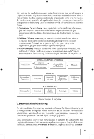33
Um sistema de marketing contém mais elementos do que simplesmente a
organização e seu importante mercado consumidor. Esses elementos adicio-
nais afetam o modo e o sucesso pelo qual a organização serve seus mercados.
Todos devem ser considerados pela administração, quando esta desenvolve
seus planos de marketing. Esses elementos devem ser considerados sob três
óticas:
1) Conjunto de Fornecedores: cujos inputs heterogêneos são transformados
por uma empresa e seus concorrentes em outputs valorizados, que
passam por intermediários de marketing, a fim de alcançar o mercado
final.
2) Públicos Diferenciados: que, de forma individual ou coletiva, afetam
a atuação do sistema central de marketing. Esses públicos incluem
a comunidade financeira, a imprensa, agências governamentais,
legisladores, grupos de interesse e o público em geral.
3) Macroambiente: formado por fatores como demografia, economia, leis,
política, tecnologia e cultura, os quais exercem profunda influência no
sistema central de marketing, diretamente por meio dos vários públicos.
SISTEMA CENTRAL DE MARKETING
Fornecedores Mercado
Intermediários
de Marketing
Empresa
Concorrentes
PÚBLICOS
Comunidade
Financeira
Grupos de
Interesse
Público em
Geral
Agências do
Governo e
Legisladores
Imprensa
Economia
Leis e
Política
Demografia Tecnologia Cultura
MACROAMBIENTE
Sistema Completo de Marketing
2. Intermediários de Marketing
Os intermediários de marketing são instituições que facilitam o fluxo de bens
e serviços entre a empresa e seus mercados finais. Incluem revendedores
(atacadistas e varejistas), agentes e corretores, empresas de transporte e ar-
mazéns, empresas de crédito e agências de propaganda.
Estas instituições apareceram para facilitar o trabalho de fechamento dos
negócios. Os intermediários executam pelo menos quatro funções. Primeira-
mente, há o trabalho de procura de mercado.A segunda função é a de distri-
 