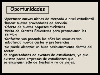 Oportunidades
•Aperturar nuevos nichos de mercado a nivel estudiantil
•Buscar nuevos proveedores de servicio.
•Oferta de nuevos paquetes turísticos
•Visita de Centros Educativos para promocionar los
servicio
•Conforme van pasando los años los usuarios van
adoptando nuevos gustos y preferencias
•Se puede alcanzar un buen posicionamiento dentro del
sector
de organizadores de eventos de estudiantes, ya que
existen pocas empresas de estudiantes que
se encarguen sólo de fiestas y no de viajes.
 