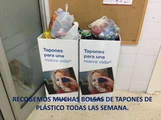 RECOGEMOS MUCHAS BOLSAS DE TAPONES DE
PLÁSTICO TODAS LAS SEMANA.