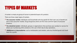TYPES OF MARKETS
A market is simply any group of actual or potential buyers of a product.
There are three major types of markets.
• The consumer market. Individuals and households who buy goods for their own use or benefit are
part of the consumer market. Drug and grocery items are the most common types of consumer
products.
• The industrial market. Individuals, groups or organizations that purchase your product or service for
direct use in producing other products or for use in their day-to-day operations.
• Middlemen or intermediaries, such as wholesalers and retailers, who buy finished goods and resell
them for a profit.
 